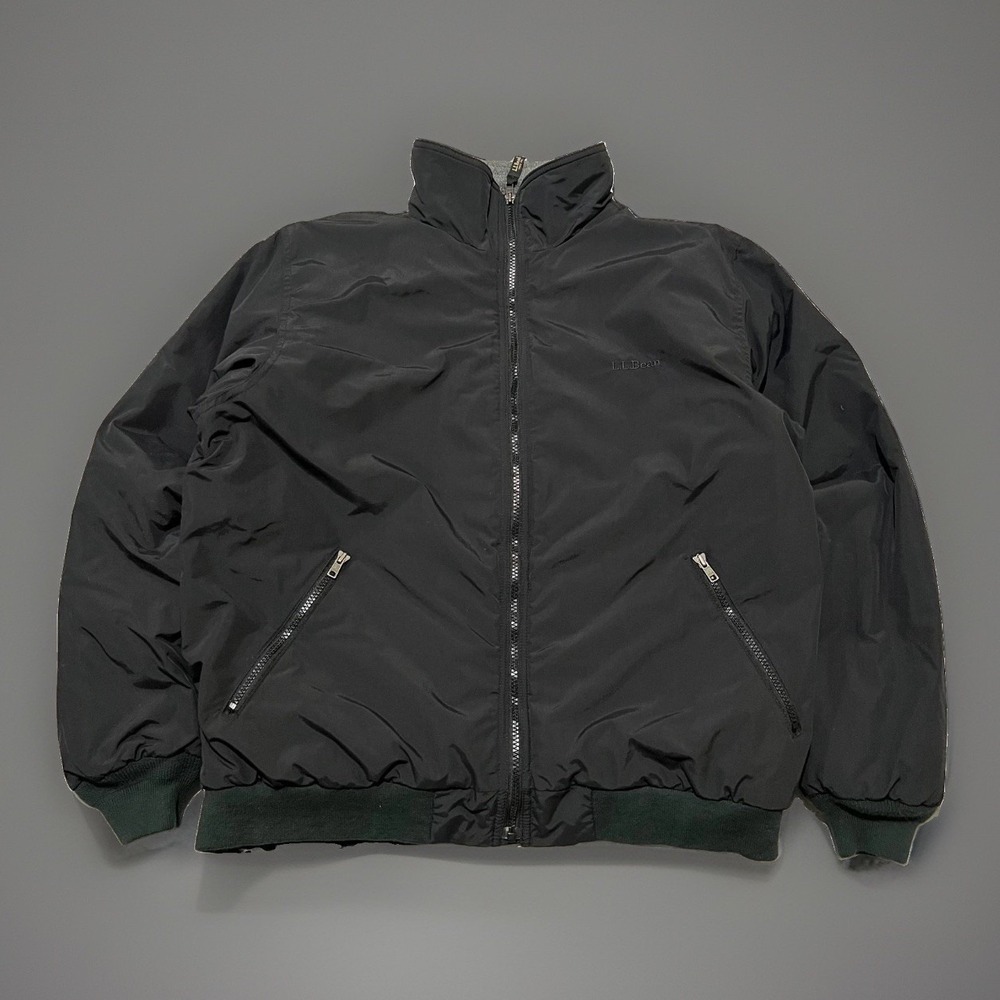 Mens LL Bean Black Fleece Lined Warm-Up Windbreaker Puff Jacket Size L